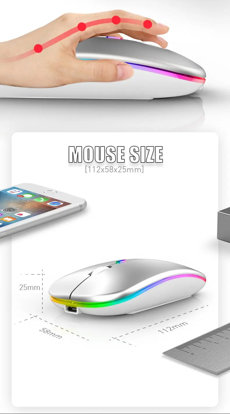 Tablet Phone Computer PC Bluetooth Wireless Mouse Charging Luminous 2.4G USB