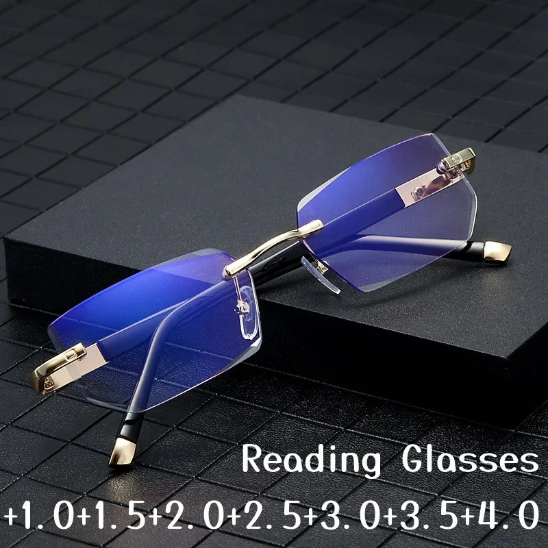 Diamond Cutting Reading Glasses Men Women Rimless Frame Business Eyeglasses