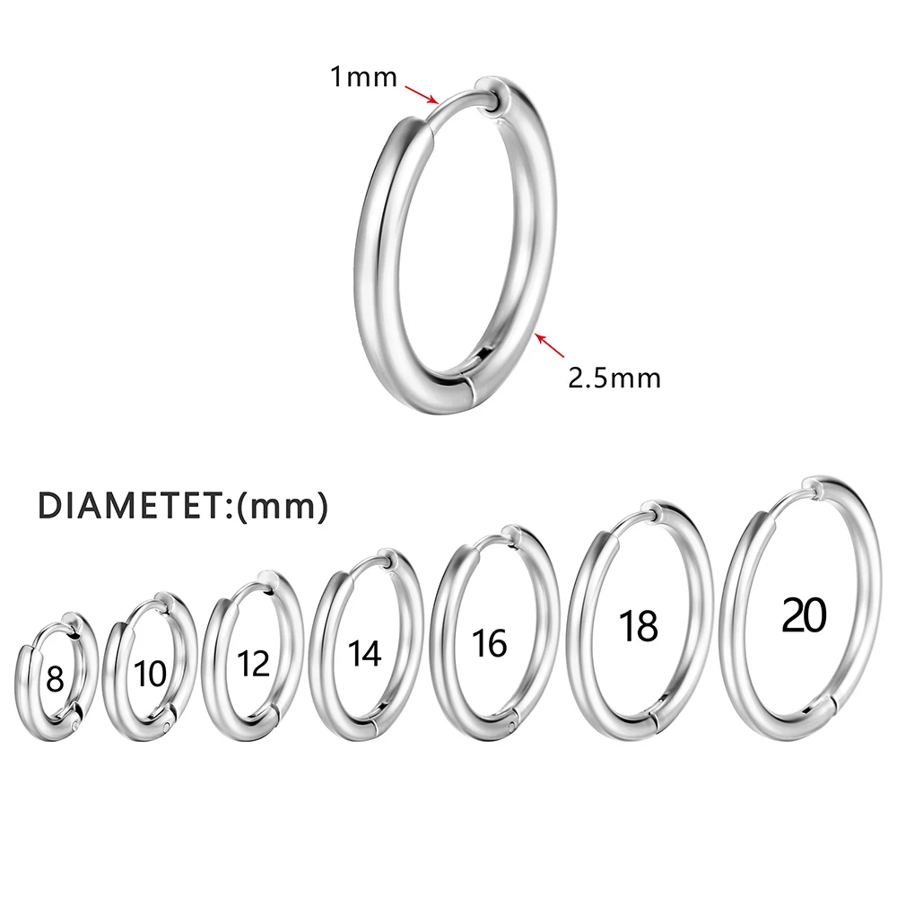 Small Hoop Earrings Silver Stainless Steel Round Pendant Anti-Allergy Women Men