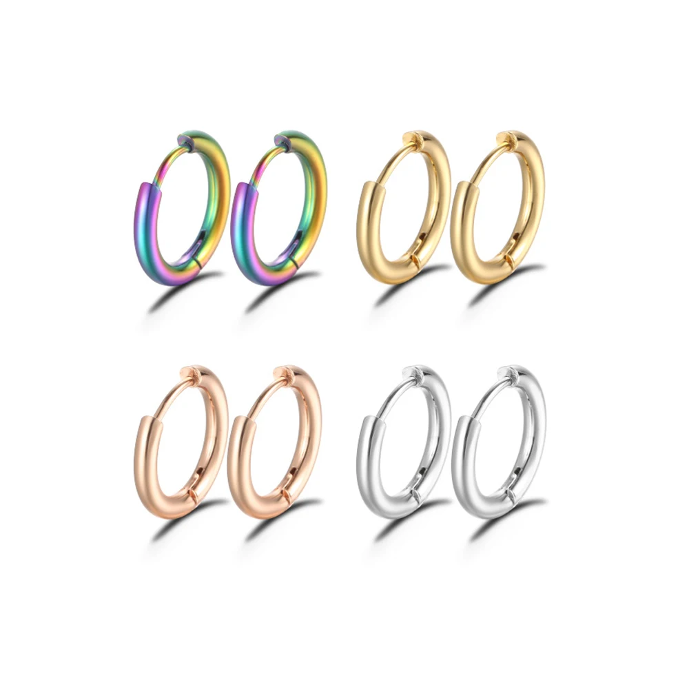 Small Hoop Earrings Silver Stainless Steel Round Pendant Anti-Allergy Women Men