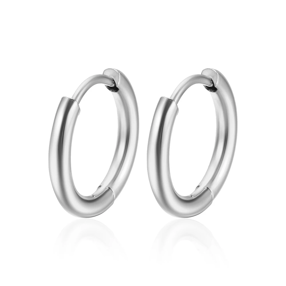 Small Hoop Earrings Silver Stainless Steel Round Pendant Anti-Allergy Women Men